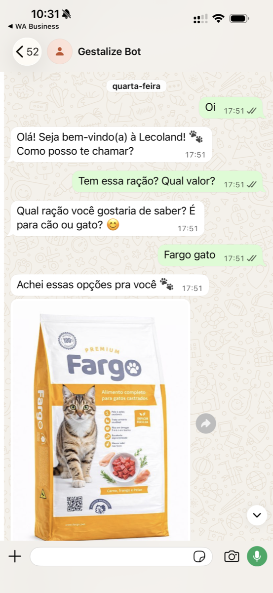 Conversa real do bot no WhatsApp respondendo com produto